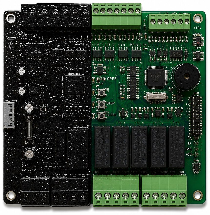 Access control board — left half coated with MGCoat, right half uncoated