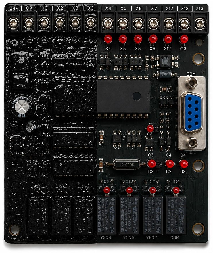 Industrial control board — left half coated with MGCoat, right half uncoated