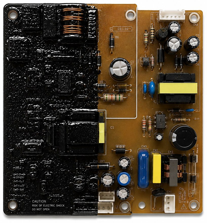 Power supply board — left half coated with MGCoat, right half uncoated